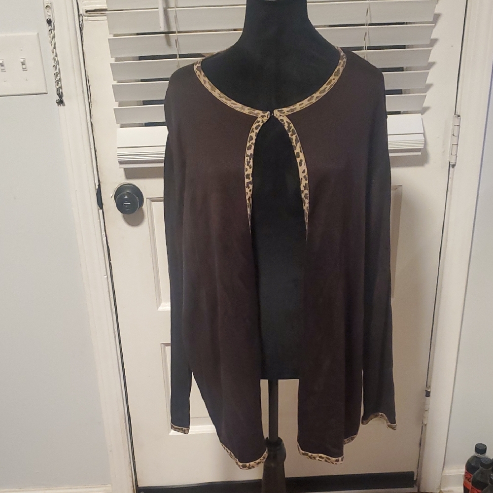 August Max Brown Cardigan with Leopard Accents